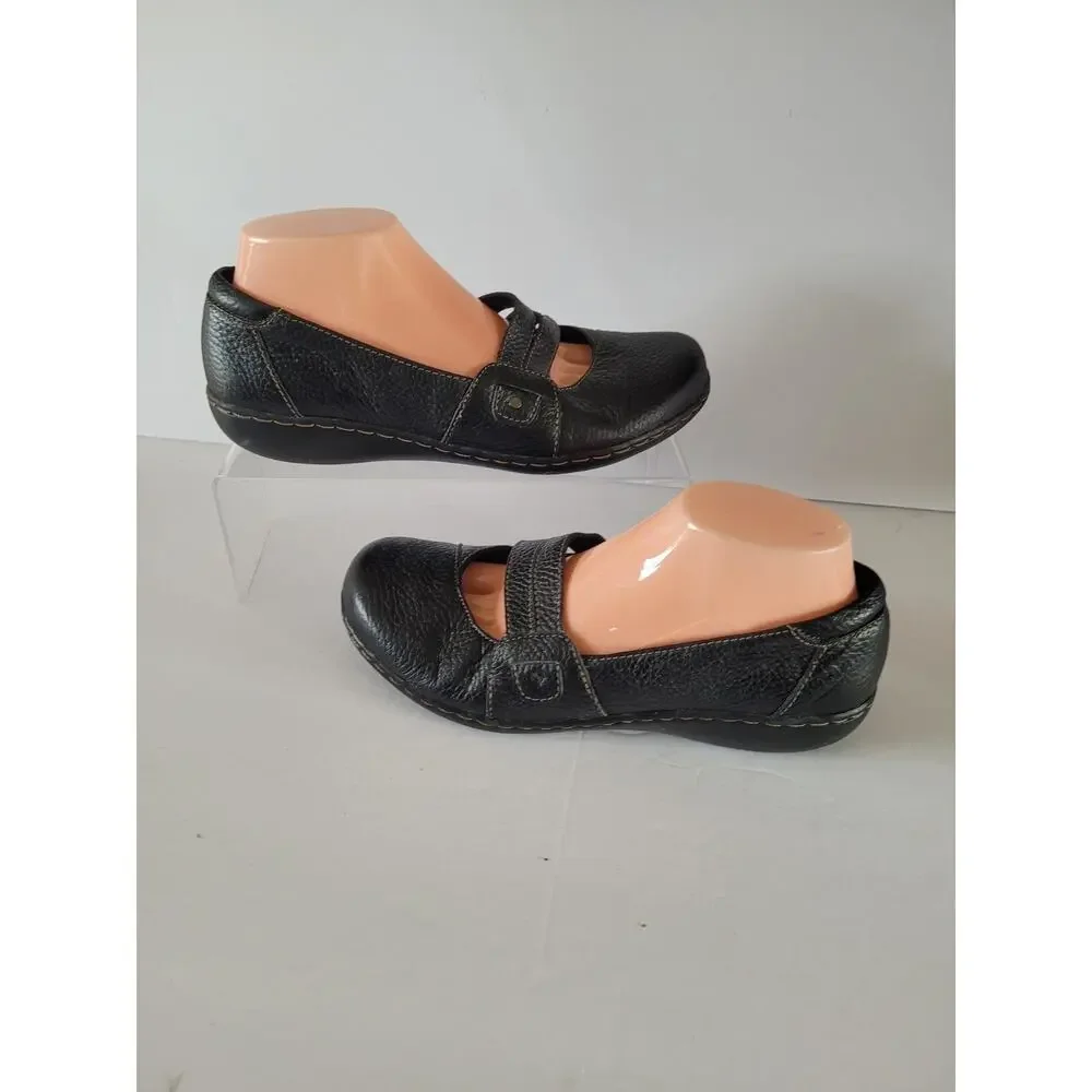 Clarks WMS 8.5M Shoes Flats Mary Black Brown Mary Jane Strap Slip On Comfort
